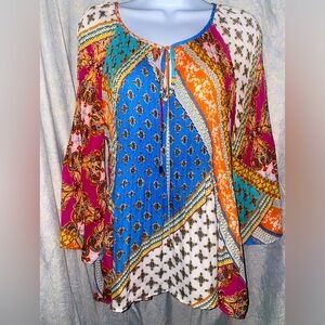 Spense L BOHO Colorful Bell Sleep Crinkle Peasant Top Colorful Mixed Pattern